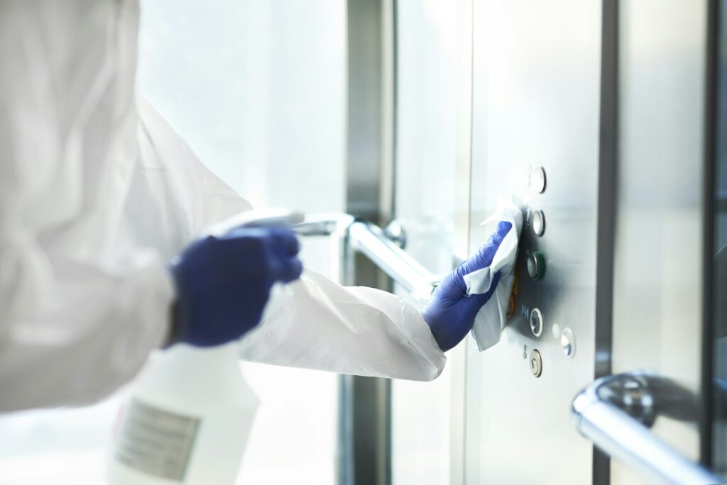 Detail of disinfected elevator enter button